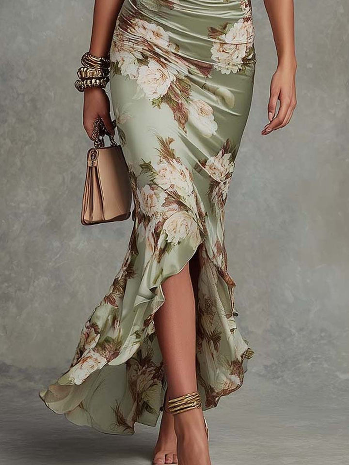Ana | Long Asymmetric Satin Dress in Green with V-Neck