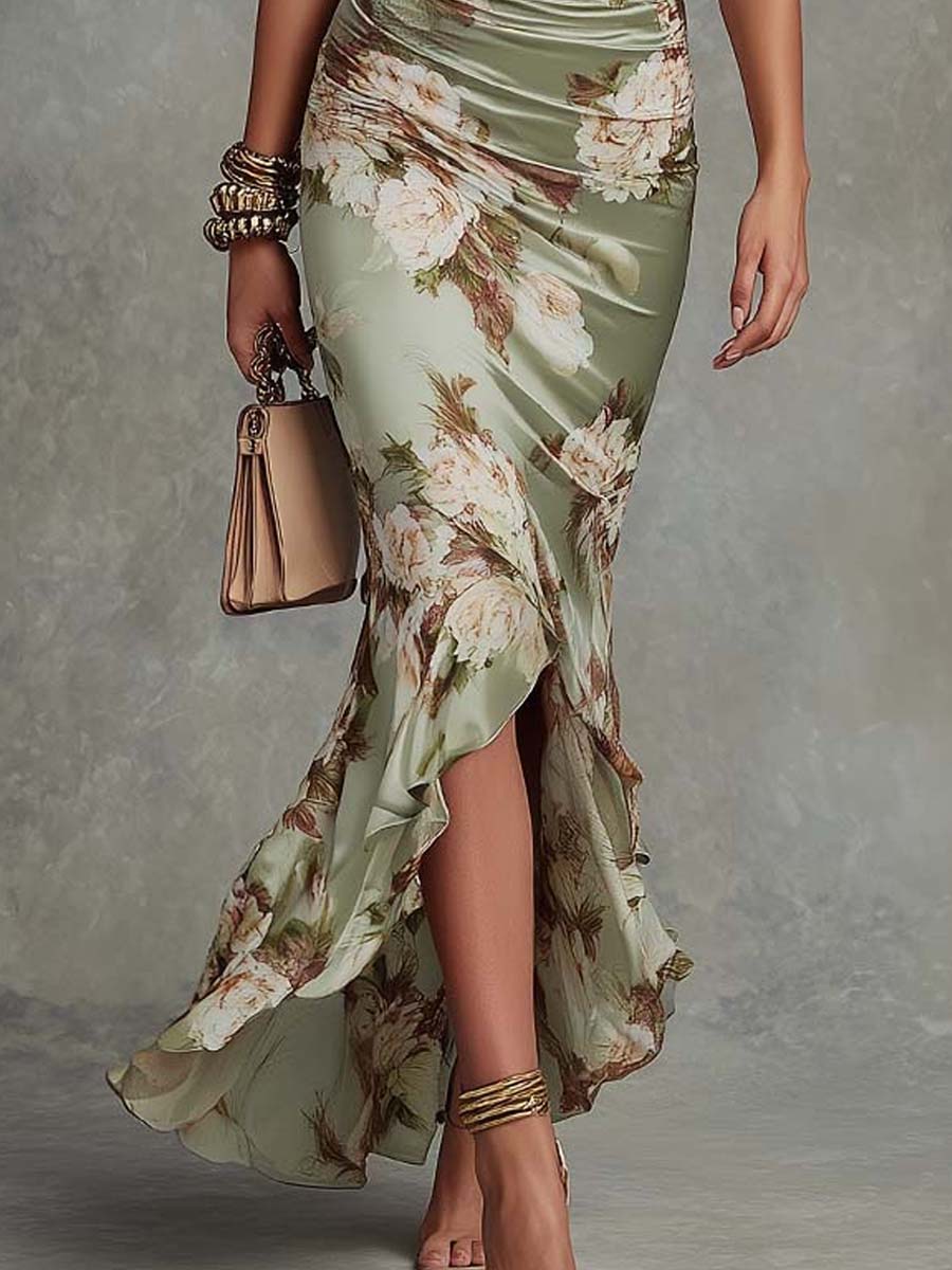 Natalie | Asymmetrical Long Dress In Green Satin With V-neck