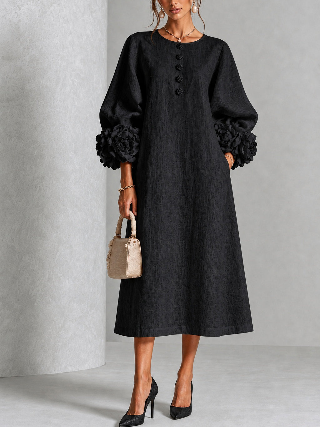 Viv | Floral-Cuff Midi Dress