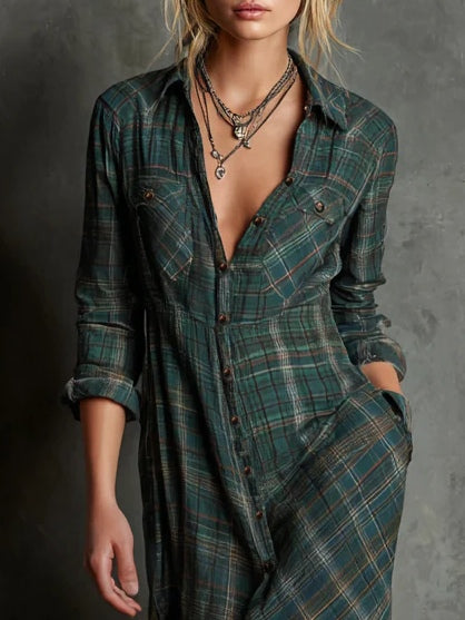 Angelina | Plaid Long Shirt Dress