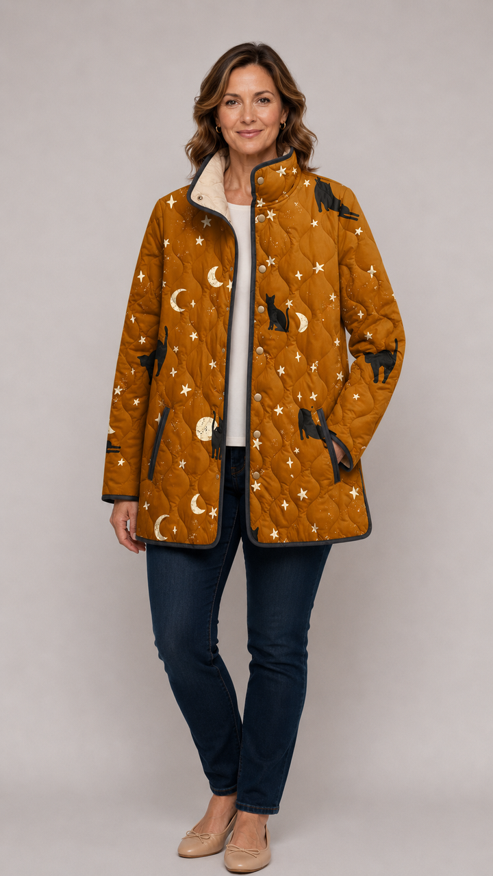 Mya | Black Quilted Jacket with Cat Pattern