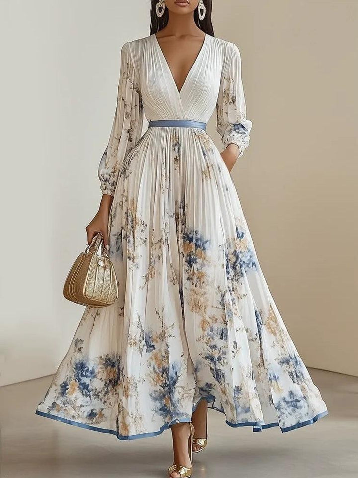 Monika | White Floral Maxi Dress in Chiffon with Balloon Sleeves