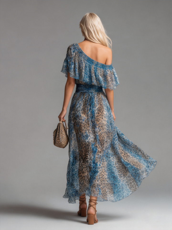 Chloe | Long Chiffon Dress With Leopard Print And Bare Shoulders