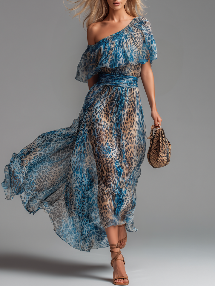 Chloe | Long Chiffon Dress With Leopard Print And Bare Shoulders