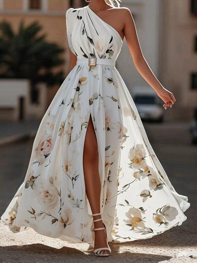 Anna | Light Green Maxi Floral Dress with One Shoulder