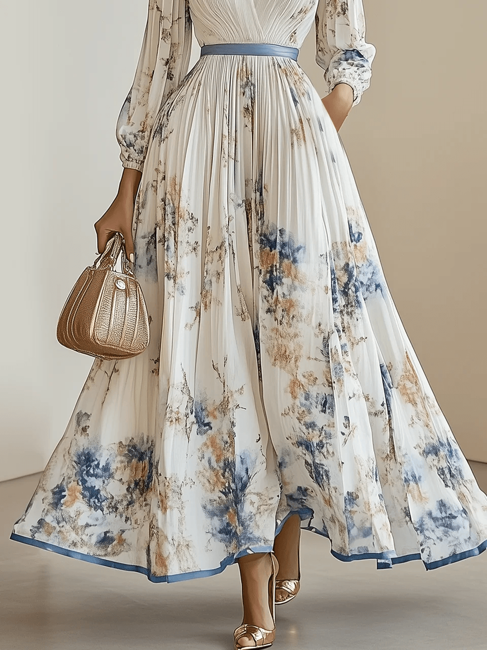 Monika | White Floral Maxi Dress in Chiffon with Balloon Sleeves