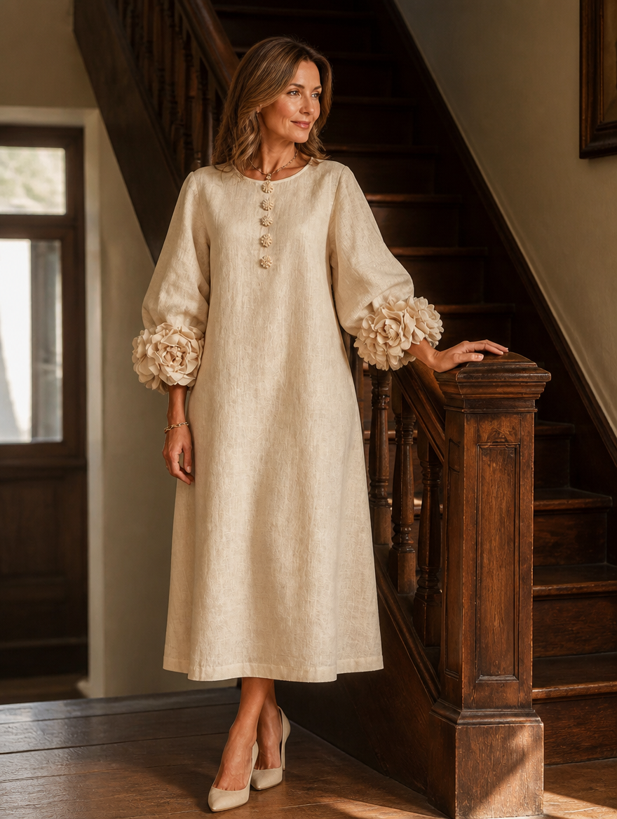 Temperance | 3D Floral Lantern-Sleeve Midi